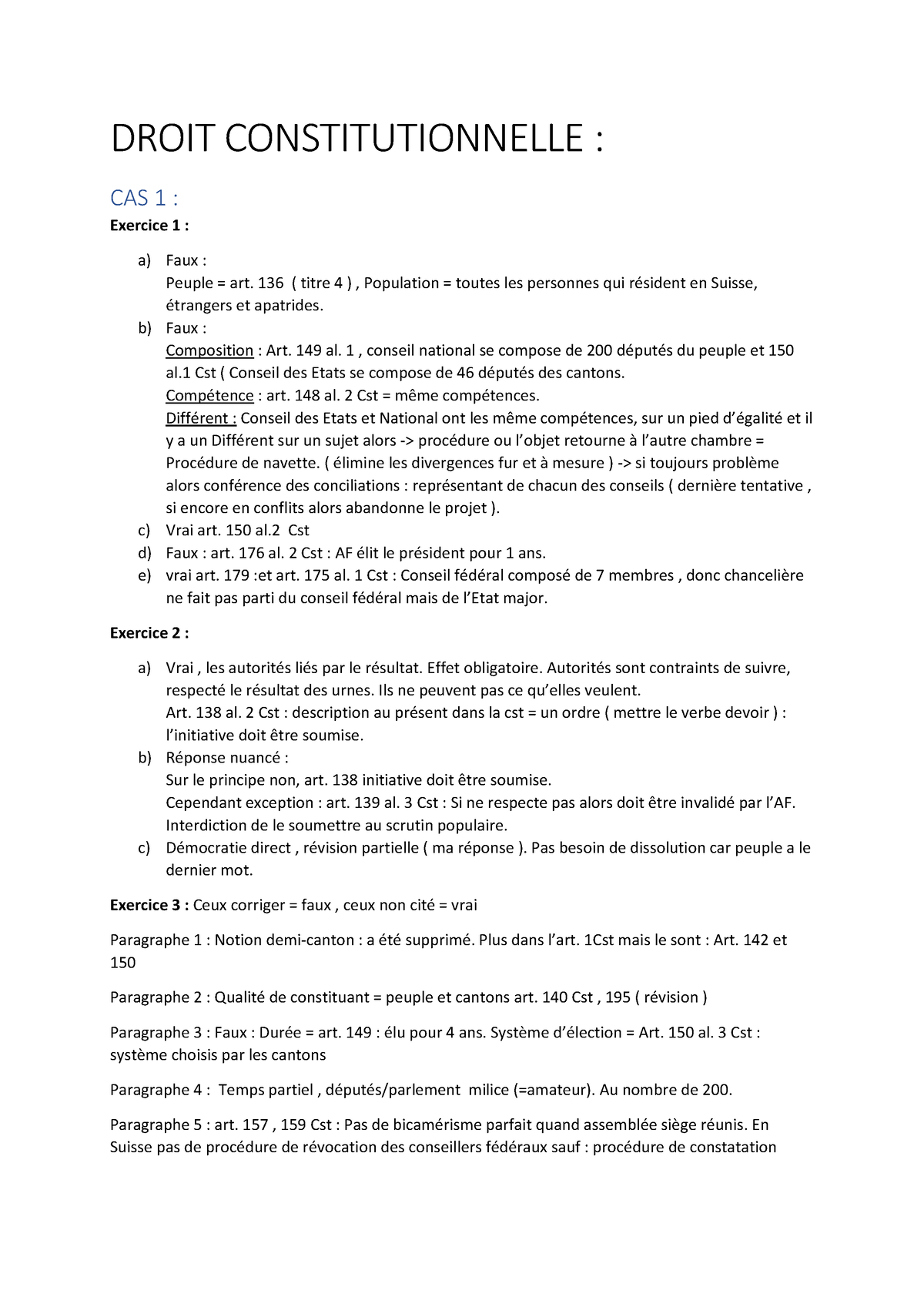 Cas Pratique Constit Droit Constitutionnelle Cas Exercice A