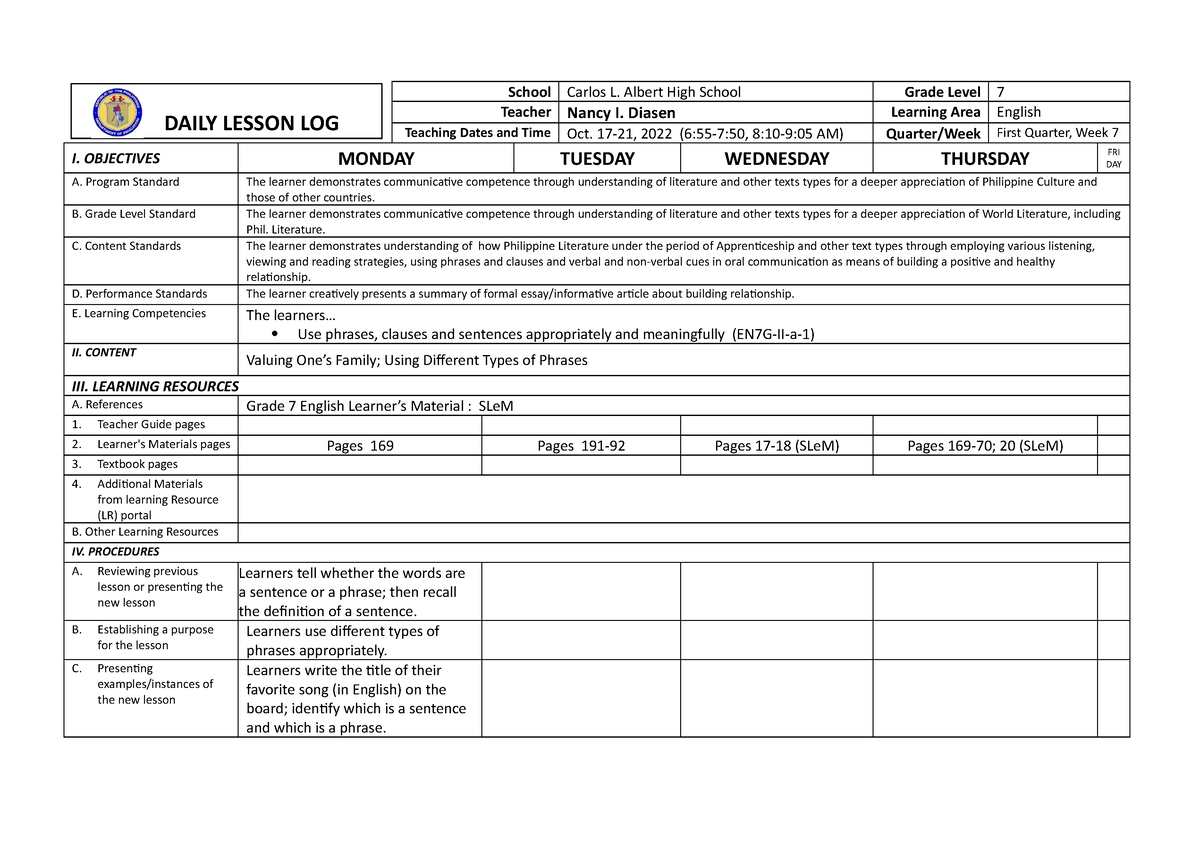 DLL-Q1 Module-6 - N/A - School Carlos L. Albert High School Grade Level ...