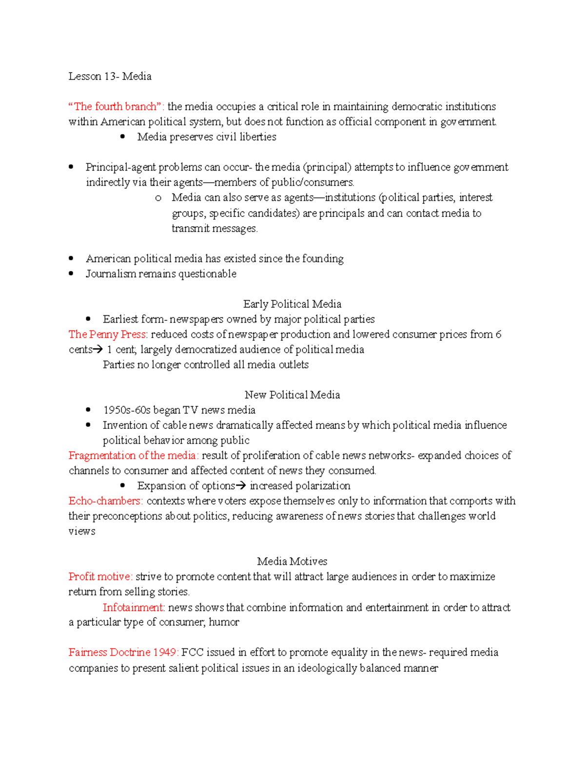 Lesson 13 Notes - Role of the Media - Lesson 13- Media “The fourth ...