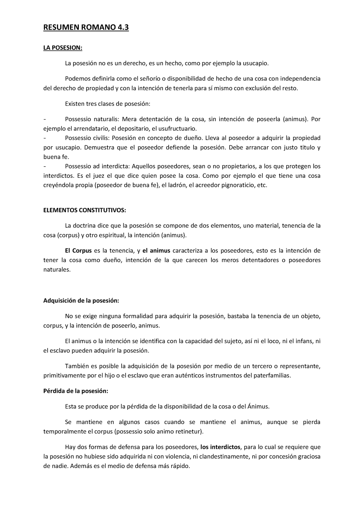 Tema 4.3. La Posesión. - RESUMEN ROMANO 4. LA POSESION: La Posesión No ...