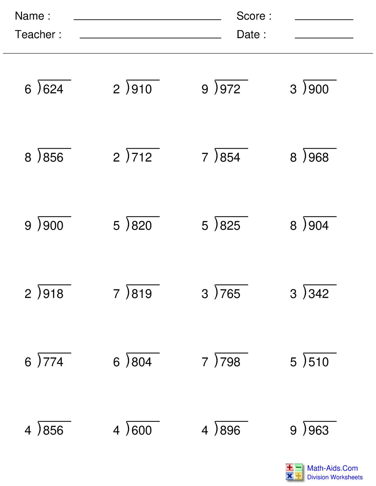 Division Drill pt2 - JUST COPY - Name : Teacher : Date : Score ...