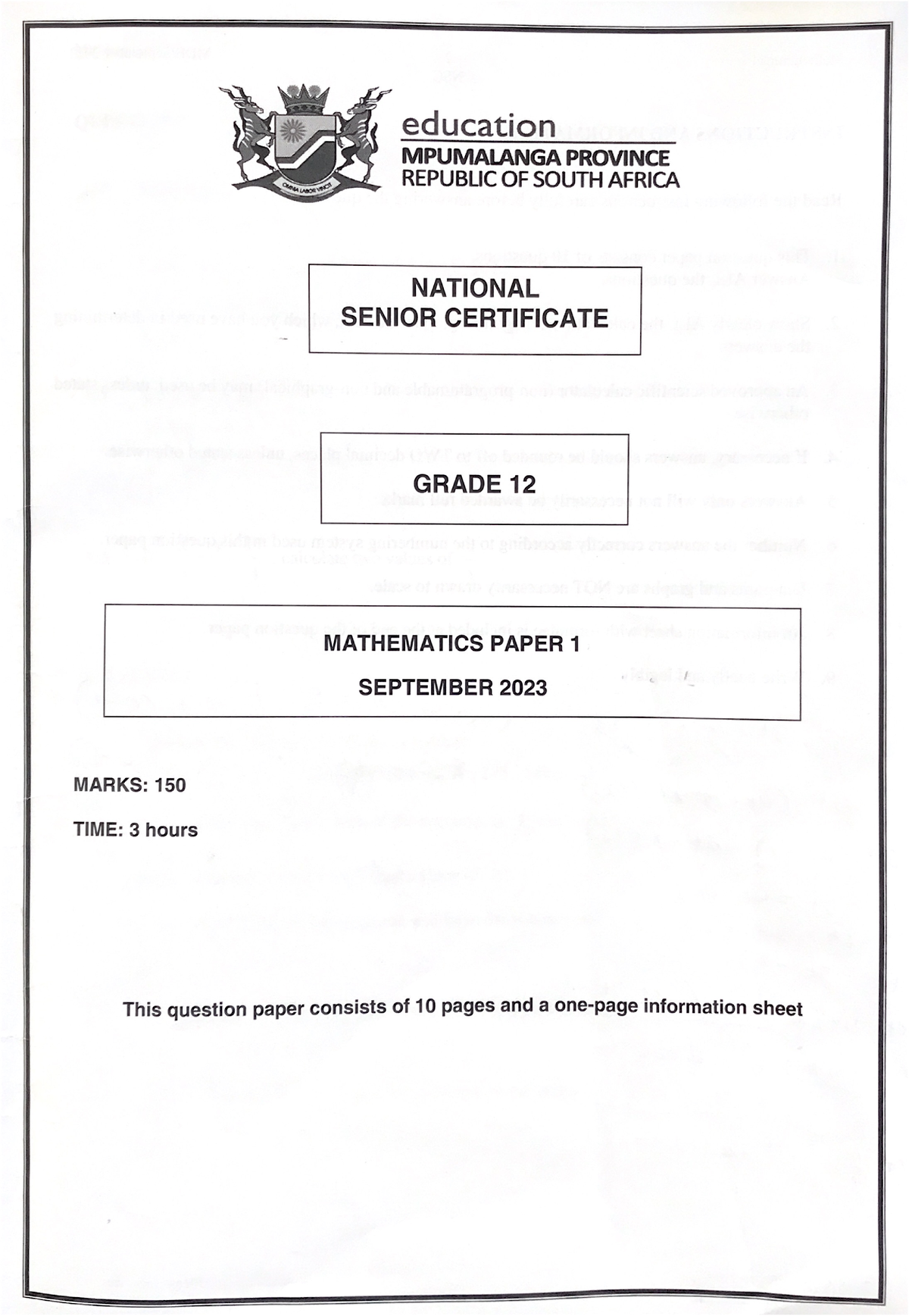 Mathematics P1 Sept 2023 Mpumalanga - SDMAT04 - Studocu