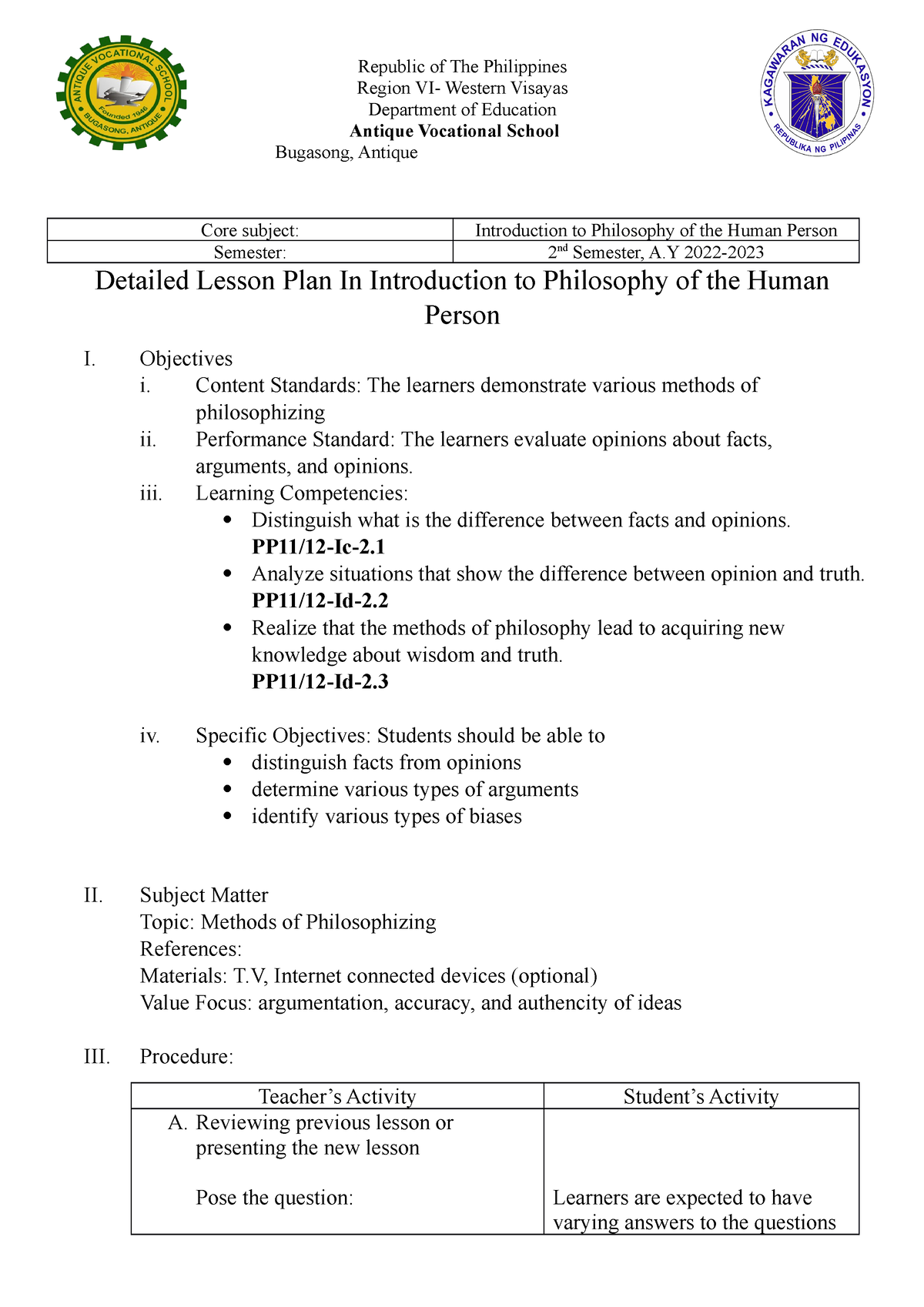 Detailed Lesson Plan In Introduction To Philosophy Of The Human Person Objectives I Content 5324