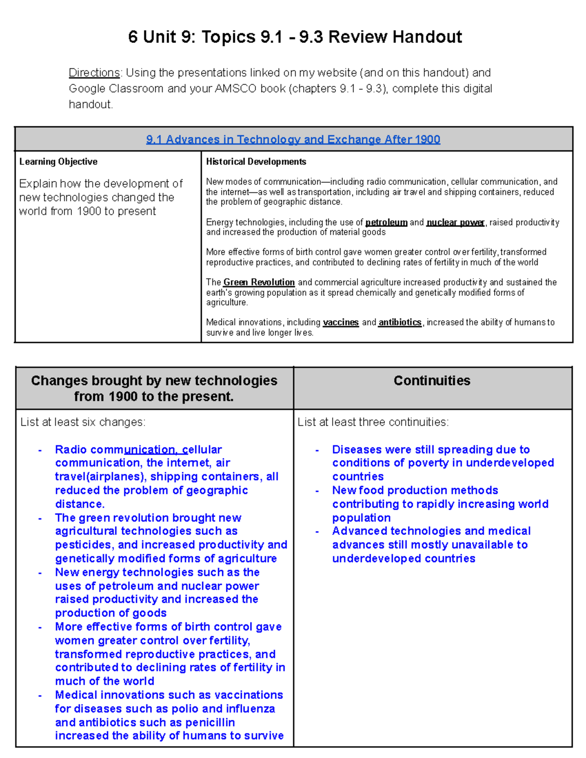 Copy of Copy of Unit 9 Topics 9.1 - 9.3 Review Handout - 6 Unit 9 ...