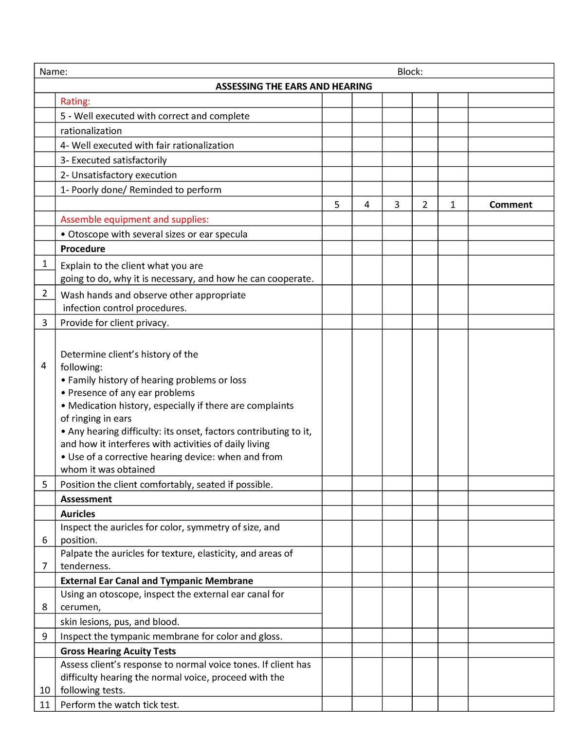Ears Checklist - Name: Block: ASSESSING THE EARS AND HEARING Rating: 5 ...