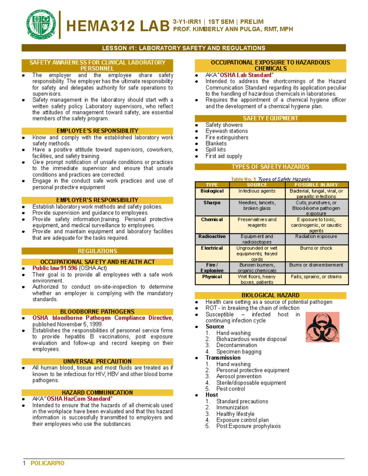 Lesson #1 Laboratory Safety and Regulations - HEMA312 LAB 3-Y1-IRR1 ...