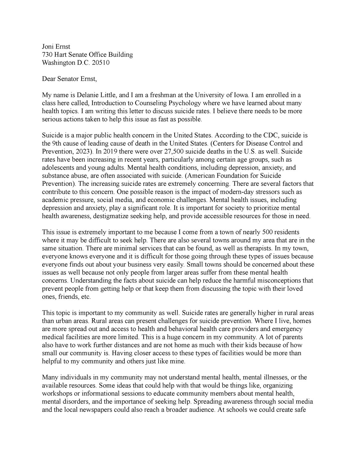 Advocacy Letter - Joni Ernst 730 Hart Senate Office Building Washington ...