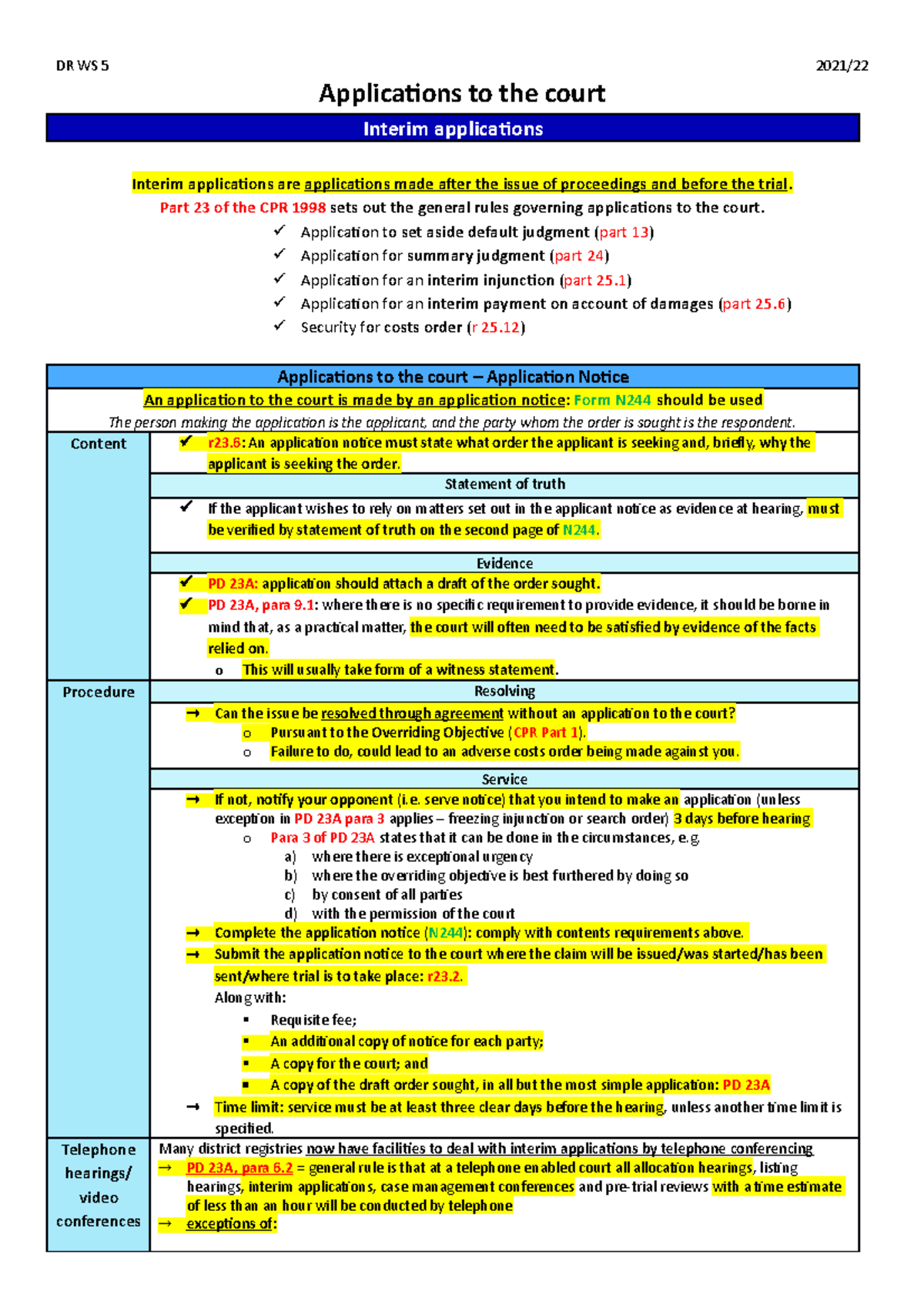DR WS5 - Studocu lol - Applications to the court Interim applications ...