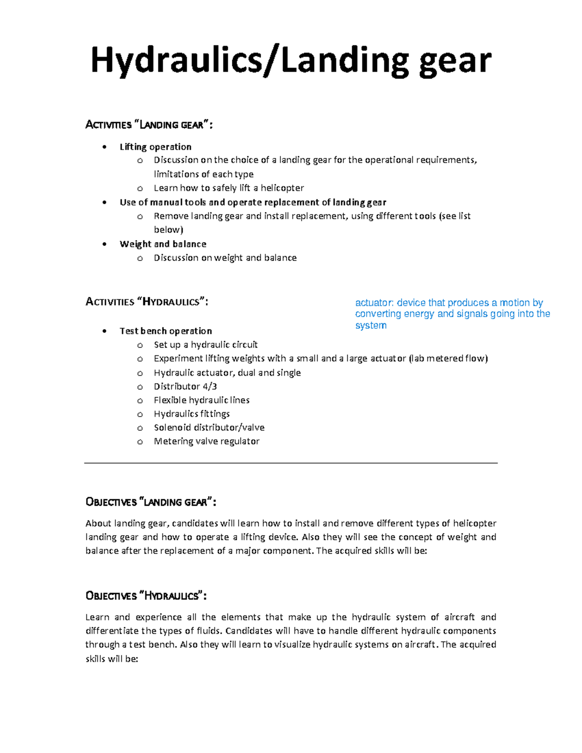 D HydraulicsLanding gear Objectives Hydraulics/Landing gear