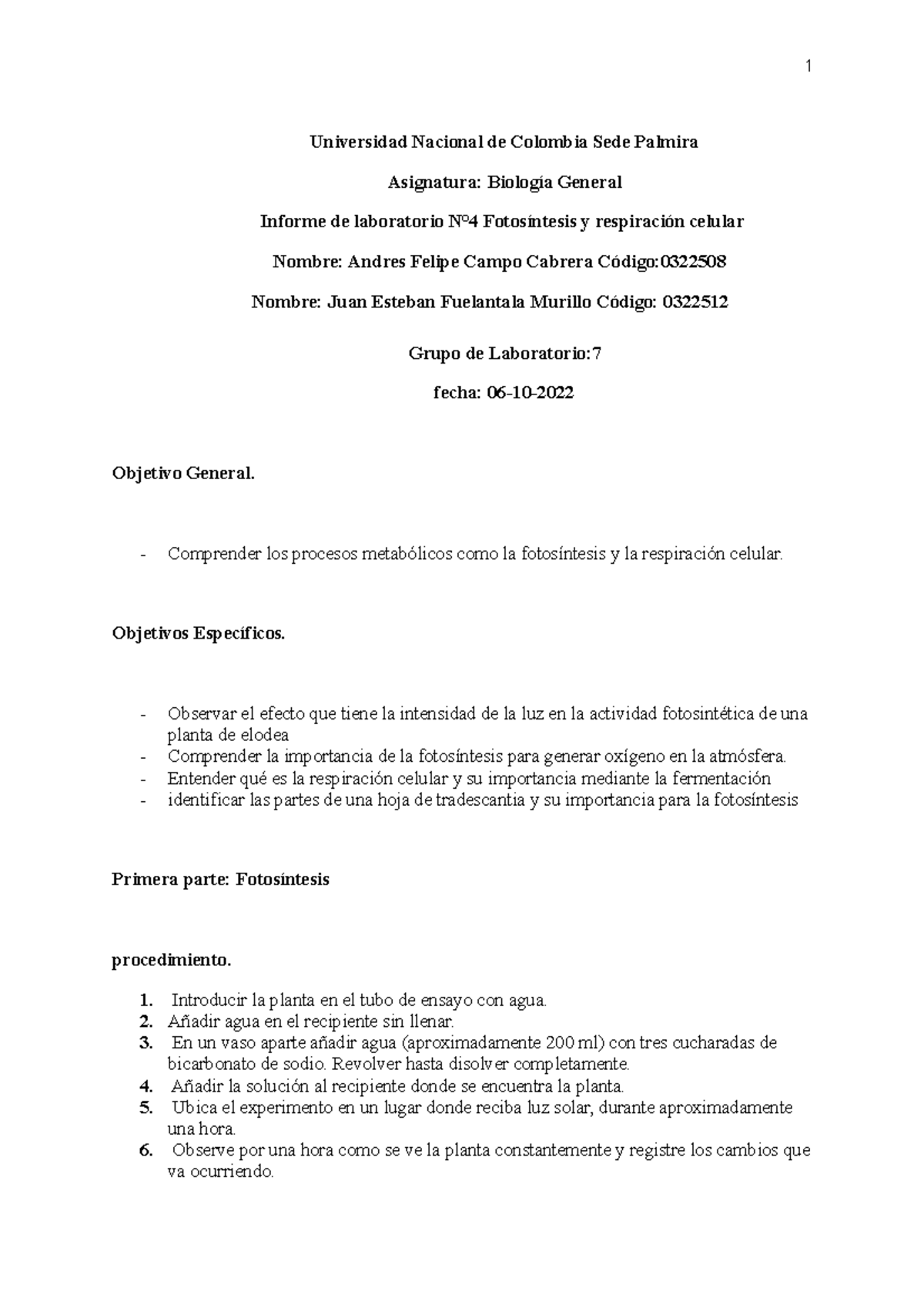 AFCC Y JFM Informe De Laboratorio Biología N°4 - Universidad Nacional ...