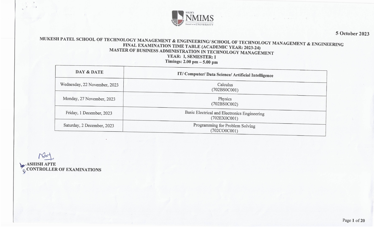 Mpstme Final Exam Time Table 202324 Odd semester Term I sj Y9p PAHu Z
