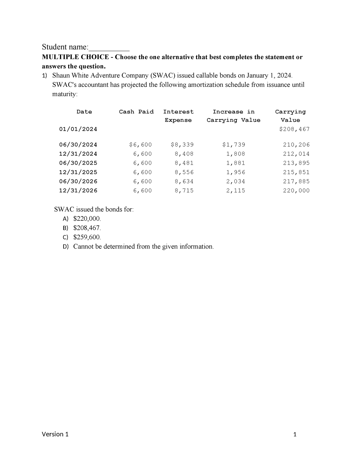 Quiz 4 Practice Version 1 - Student Name:__________ MULTIPLE CHOICE ...