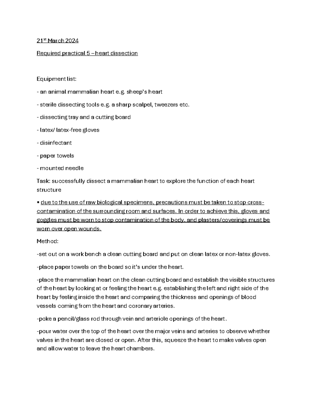 Heart dissection practical 21 st March 2024 Required practical 5