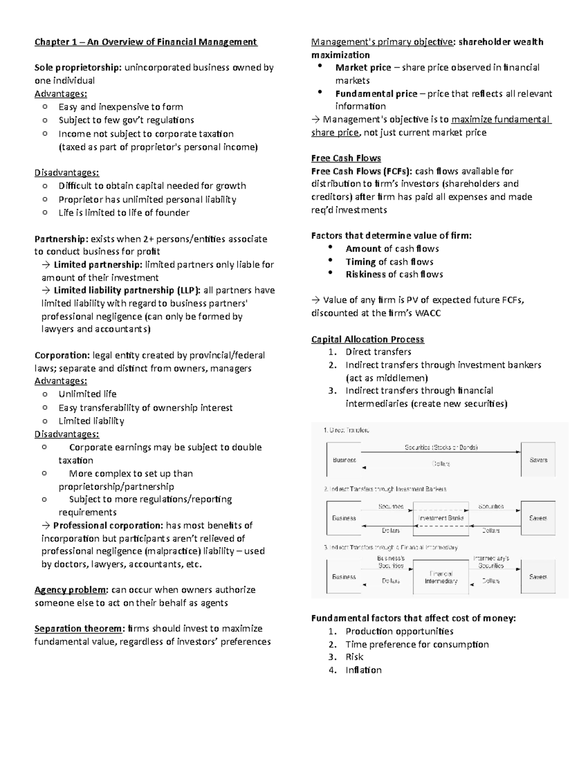 Notes for Finance 1 Pre-midterm - Chapter 1 – An Overview of Financial ...