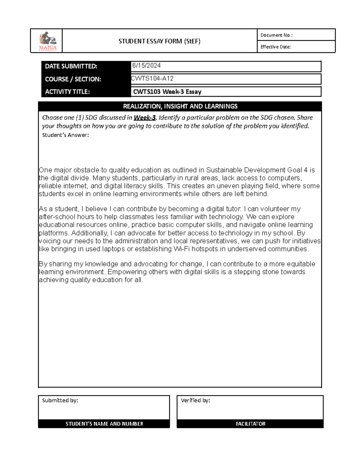 Form - CWTS103 Week-3 Essay 02MAY2022 - STUDENT ESSAY FORM (StEF ...