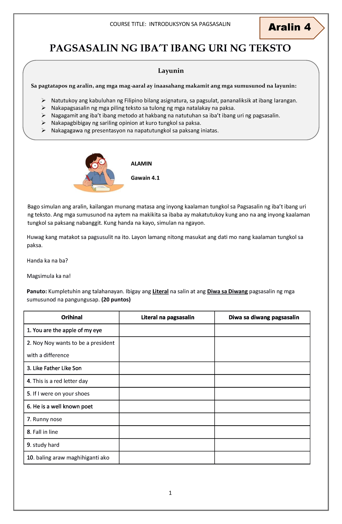 Module 4 Intro SA Pagsasalin - Aralin 4 PAGSASALIN NG IBA’T IBANG URI ...