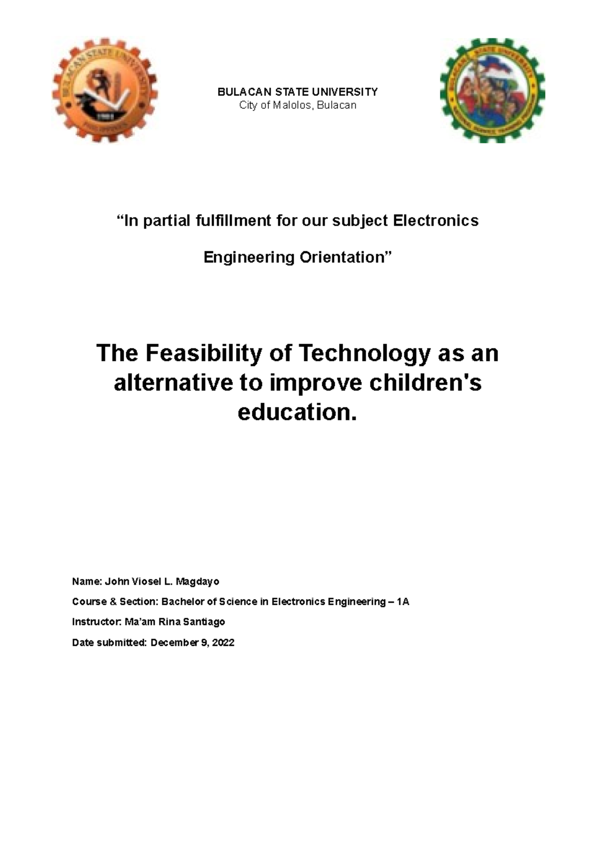 Paper Solution BY JOHN Viosel Magdayo BULACAN STATE UNIVERSITY City