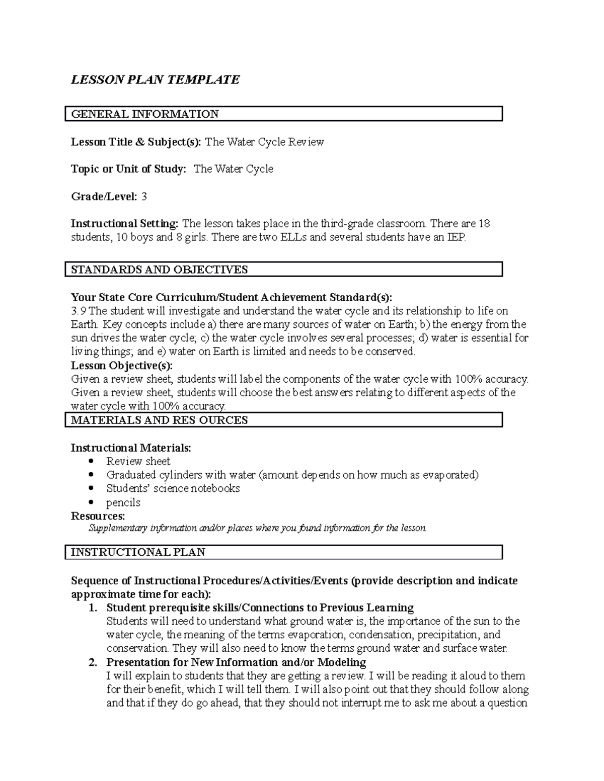 2018 12 06 watercyclereview - LESSON PLAN TEMPLATE GENERAL INFORMATION ...