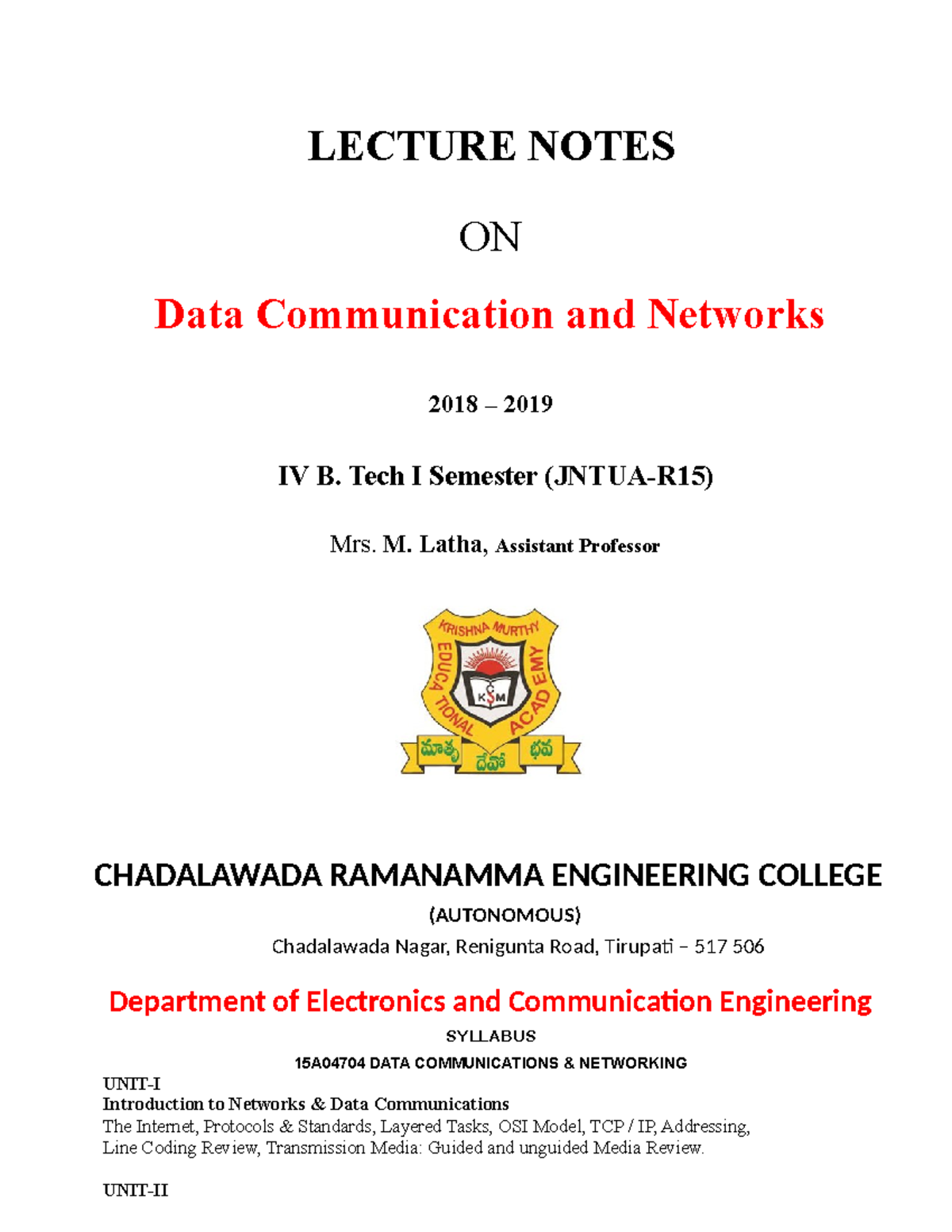 DATA COMMUNICATION AND NETWORKING NOTES - LECTURE NOTES ON Data ...