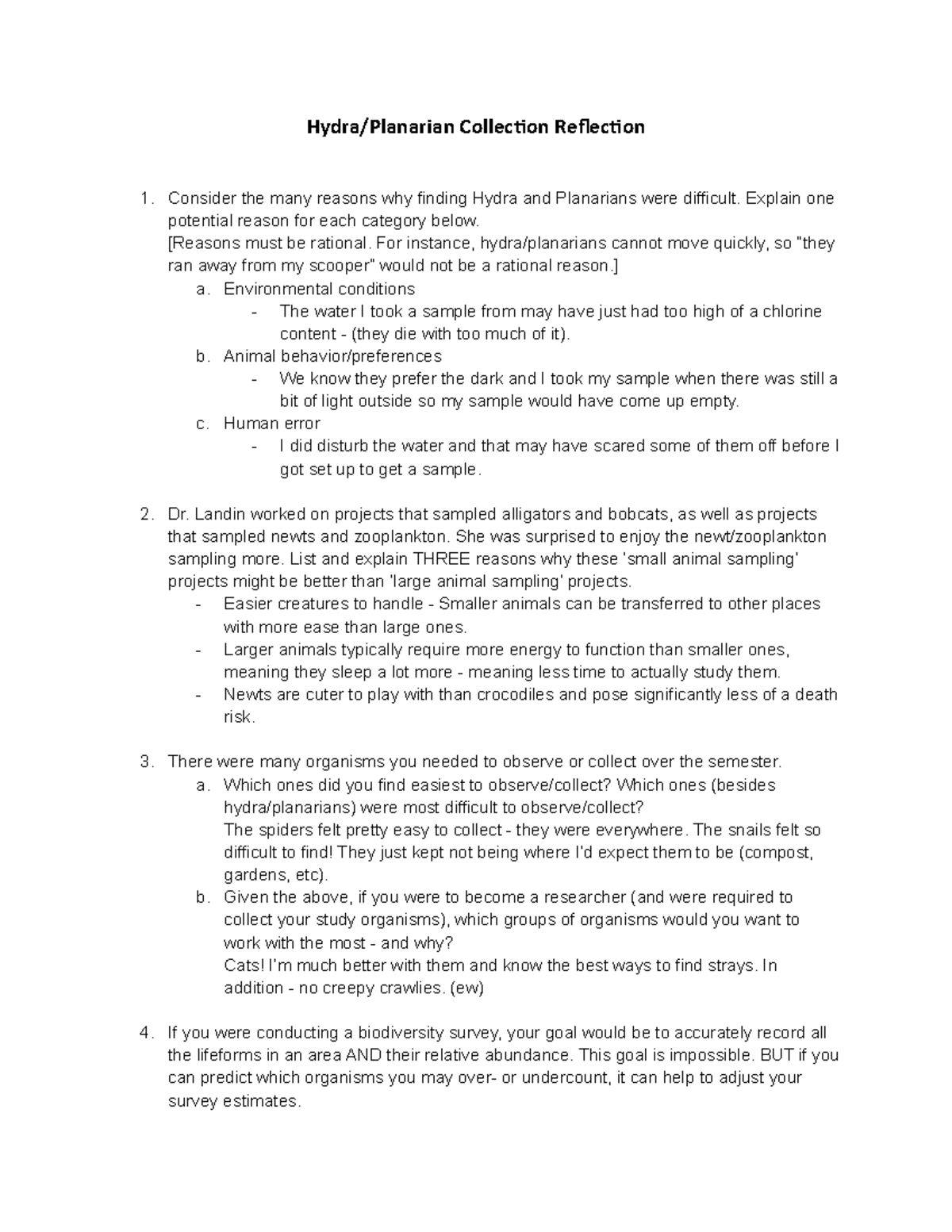 Copy of Hydra Planarian Collection Reflection - Hydra/Planarian ...