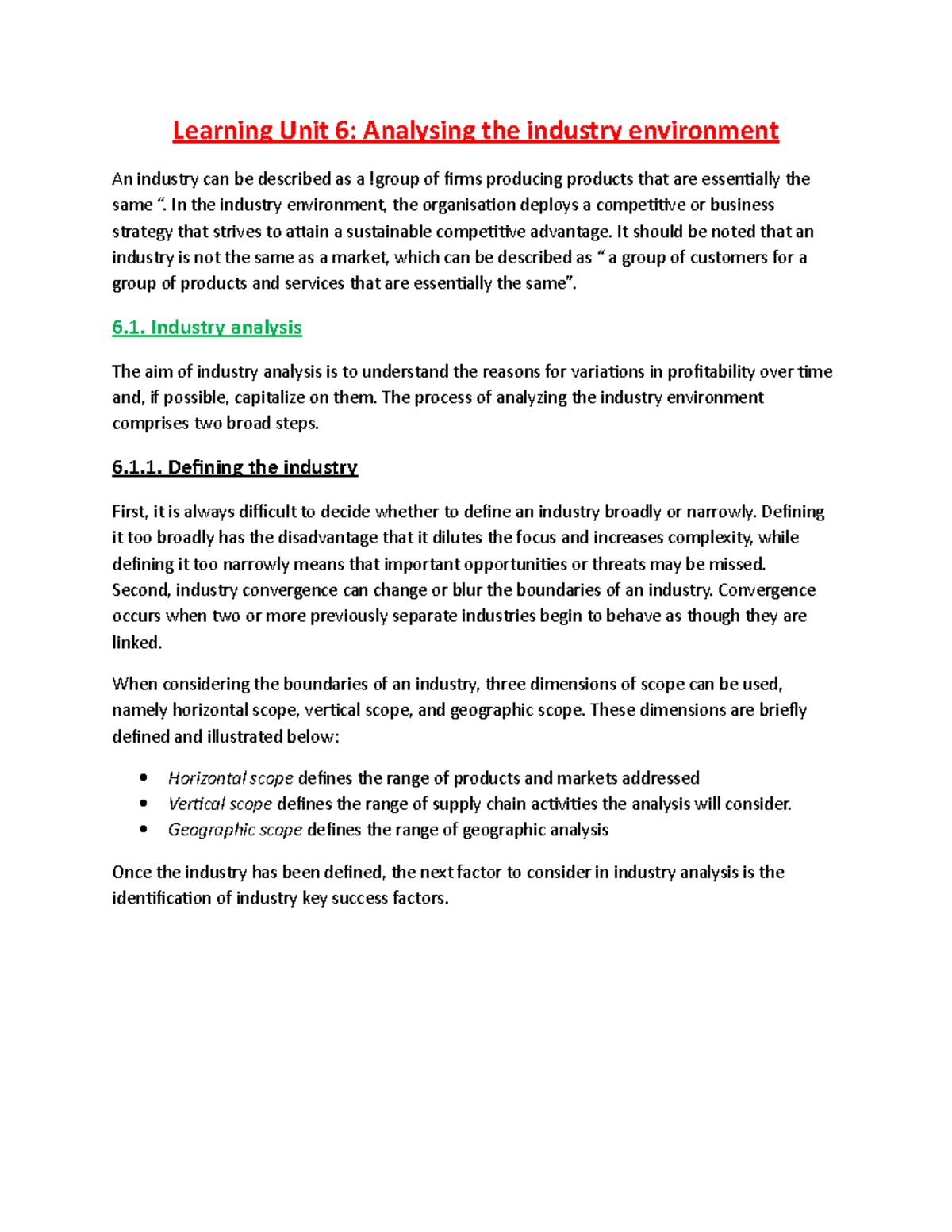 Learning Unit 6 (printed) - Learning Unit 6: Analysing the industry ...