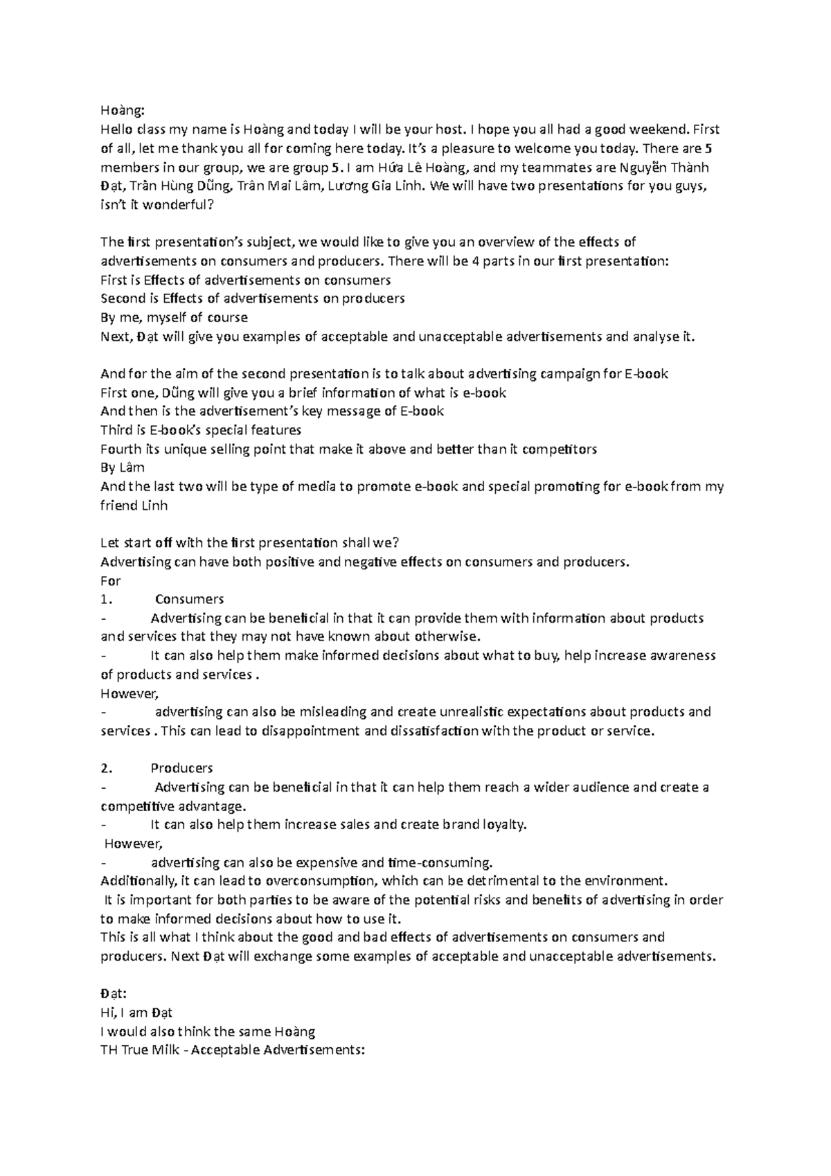 Script Advertising positive and negative effects on consumers and producers, Ebook Hoàng