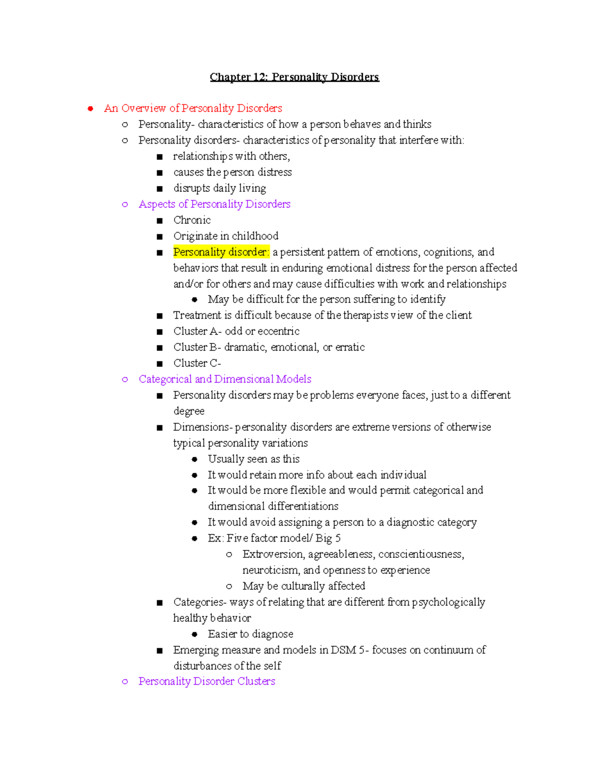 Abnormal Psych Chapter 12 Notes - Chapter 12: Personality Disorders An ...