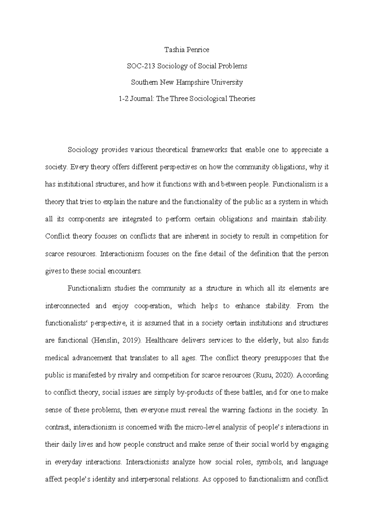 1-2 Journal The Three Sociological Theories - Tashia Penrice SOC-213 ...
