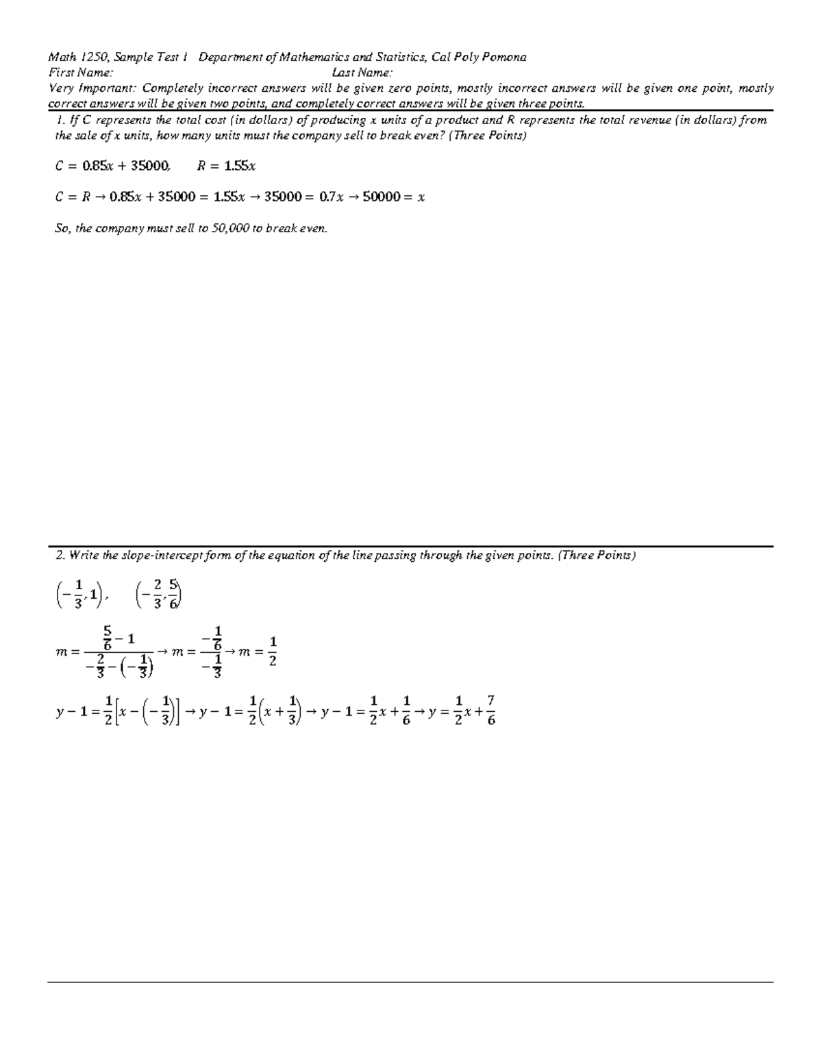 Mathematics 1250 Sample Test 1 Answer Key First Name Last Name Very