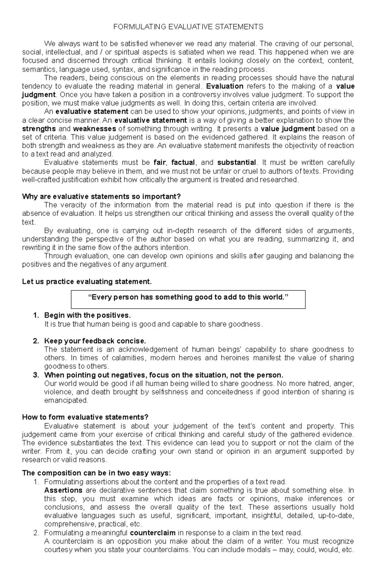Reading and Writing Q2M3 FORMULATING EVALUATIVE STATEMENTS We always