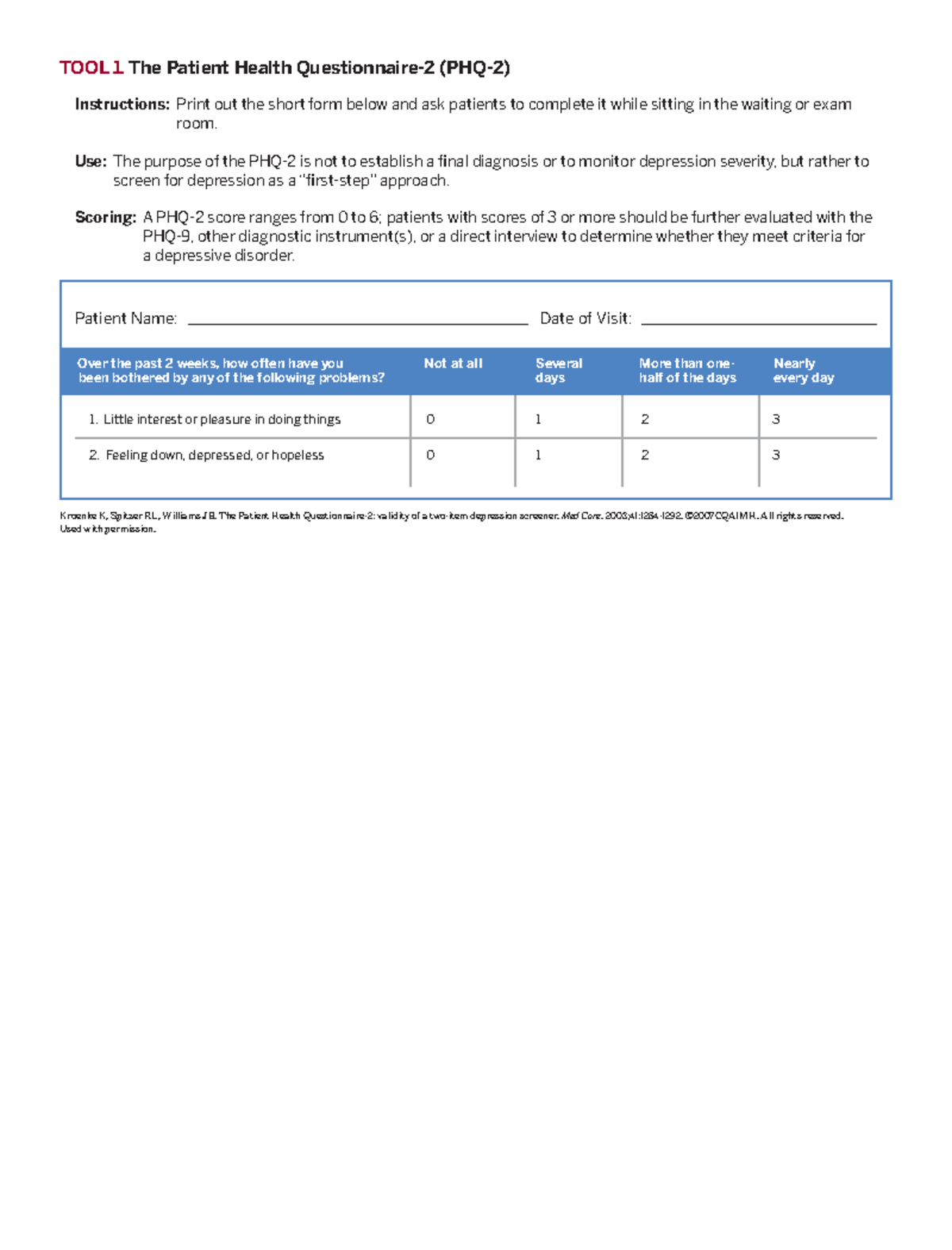 Li042 Ig Tools Tool 1 The Patient Health Questionnaire 2 Phq 2