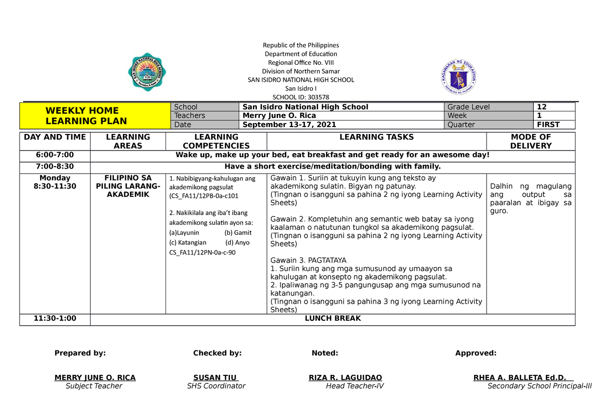 Weekly Home Learning Plan Filipino - Republic of the Philippines ...