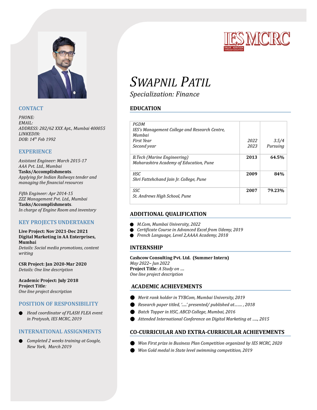 Cv format second year PGDM 2022-24 - SWAPNIL PATIL Specialization ...