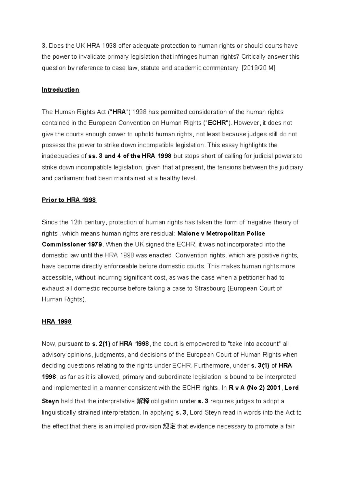 Public Law - Human Right Act 1988 Essay - Does the UK HRA 1998 offer ...