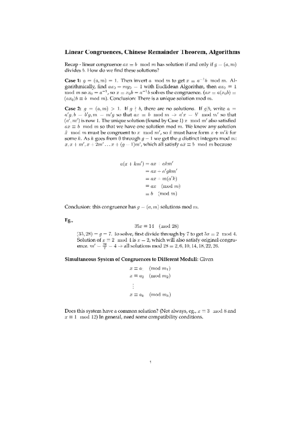 Linear Congruences, Chinese Remainder Theorem, Algorithms - Mathematics ...