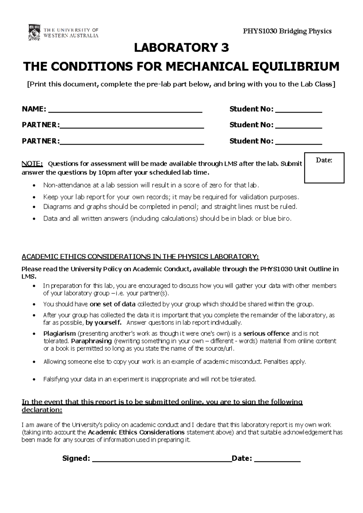 LAB 3 Physics - LABORATORY 3 THE CONDITIONS FOR MECHANICAL EQUILIBRIUM ...