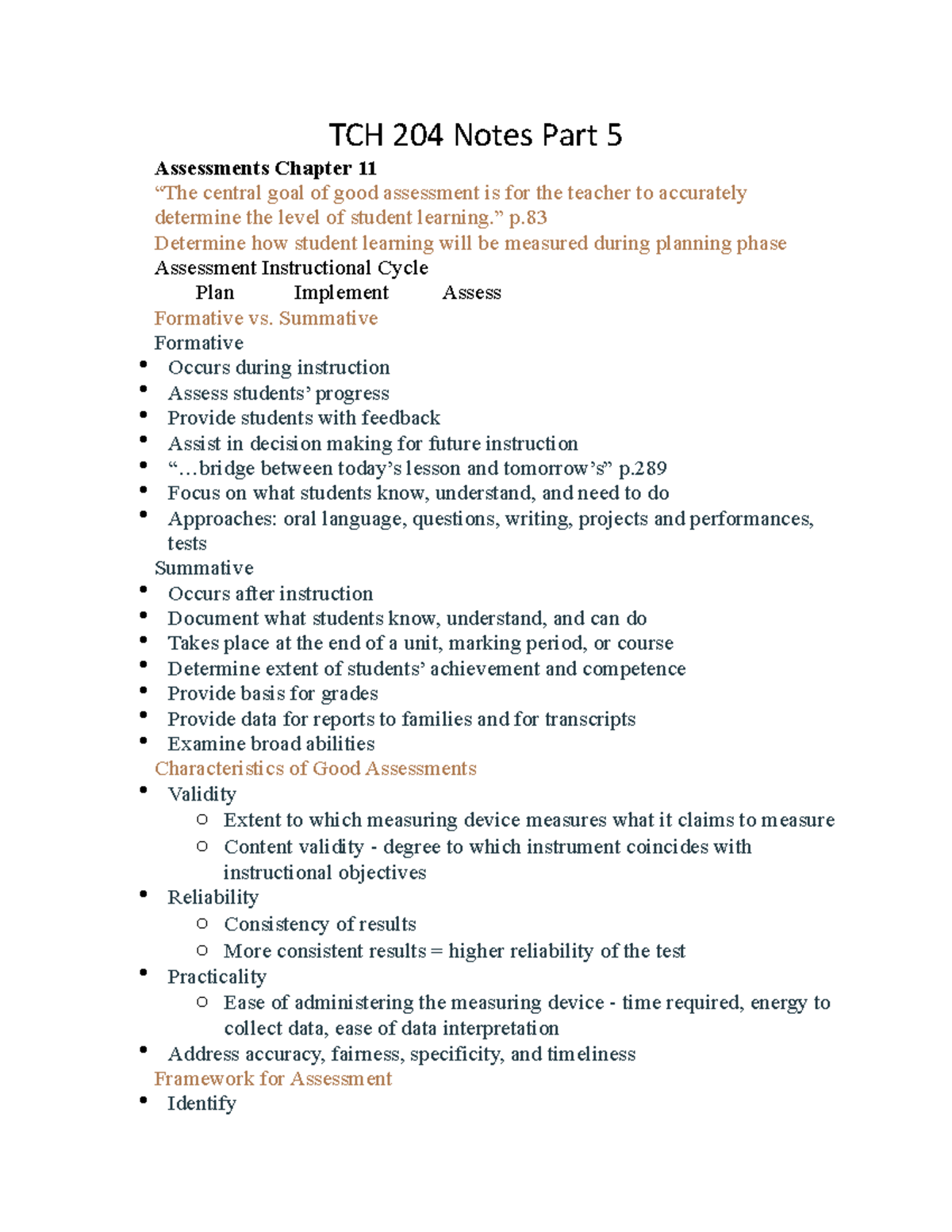 TCH 204 Notes Part 5 - TCH 204 Notes Part 5 Assessments Chapter 11 “The ...