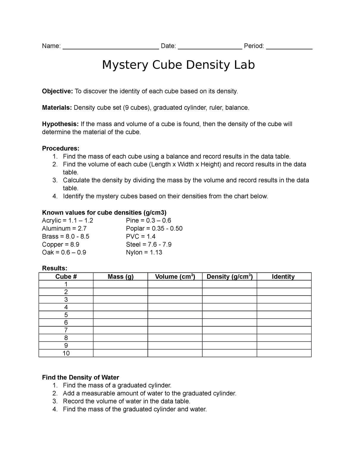 Density Cube Lab Worksheet Answers