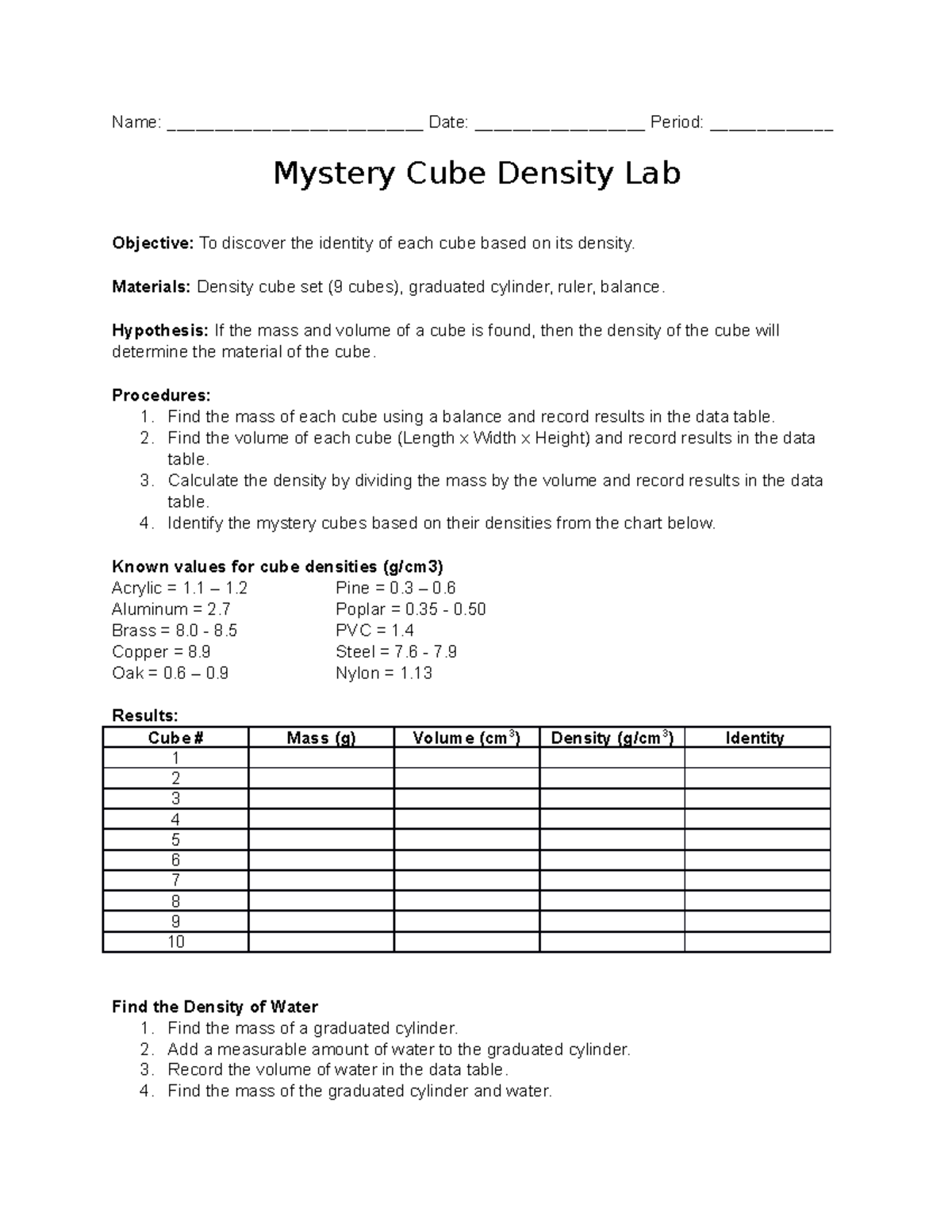 Density cube lab with answers Name ___________________________ Date