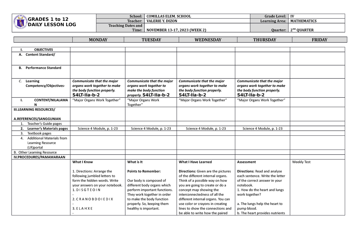 Dll Science Q2 W2 Dll Grades 1 To 12 Daily Lesson Log School Comillas Elem School Grade 2552