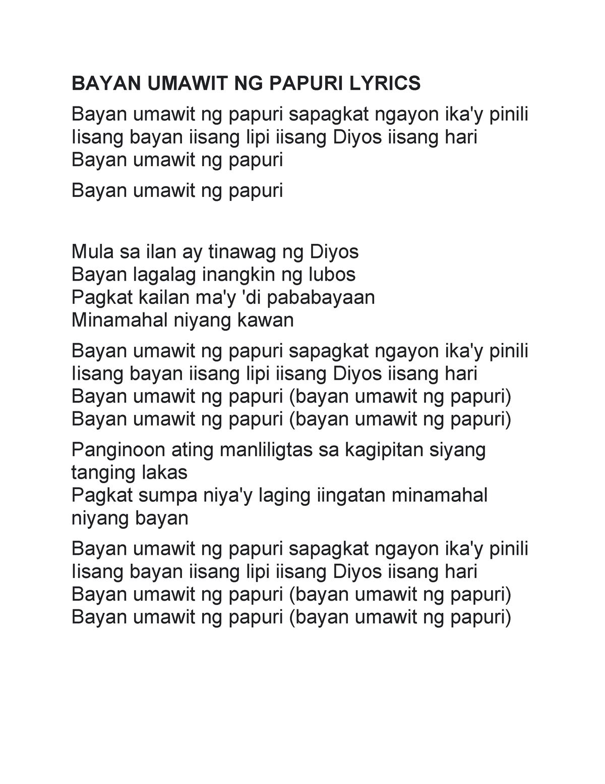 Bayan Umawit NG Papuri Lyrics - BAYAN UMAWIT NG PAPURI LYRICS Bayan ...