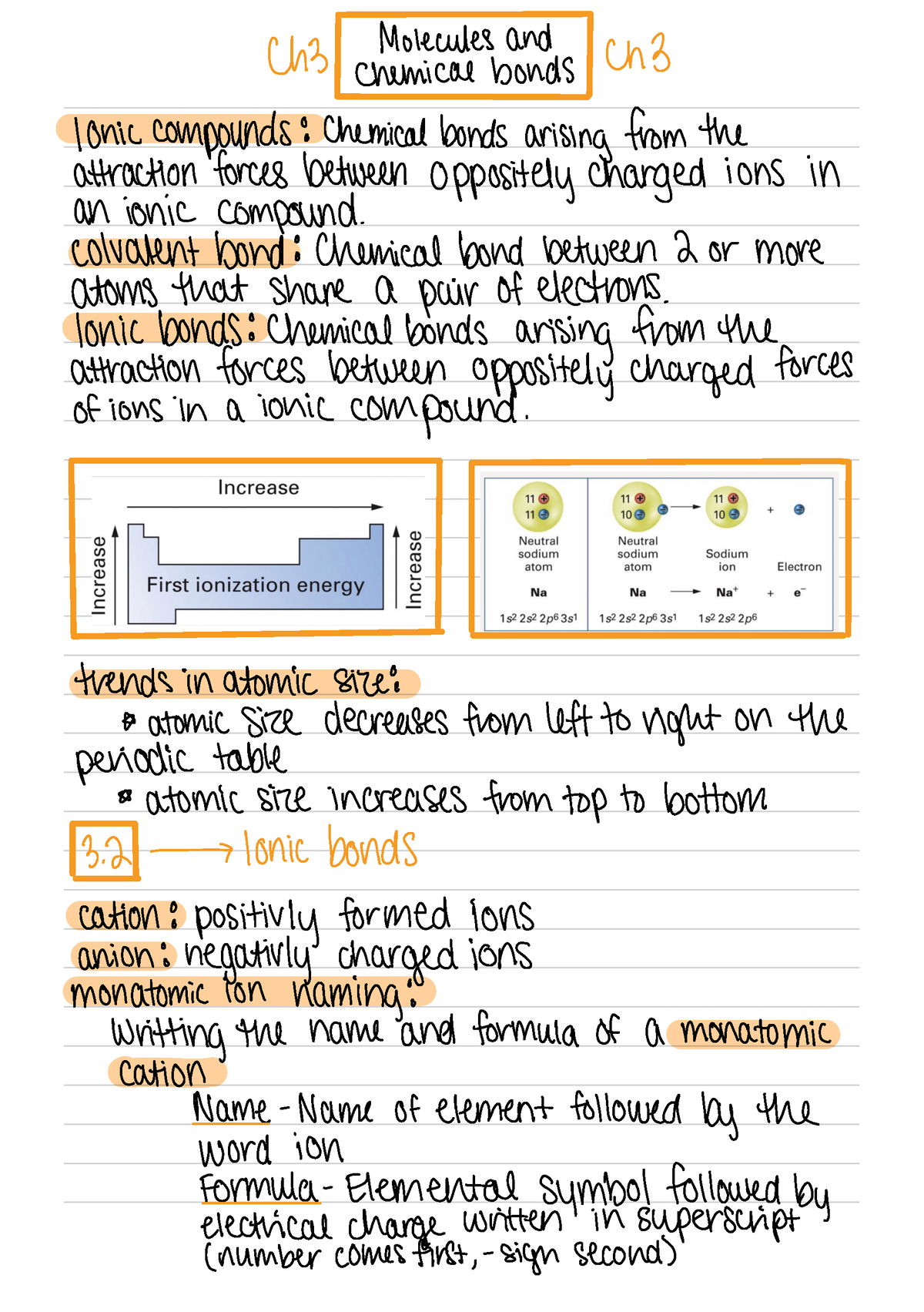 Chem 100 Ch 3 Notes - Molecules And 0h Chemical Bonds 0h Ionic 