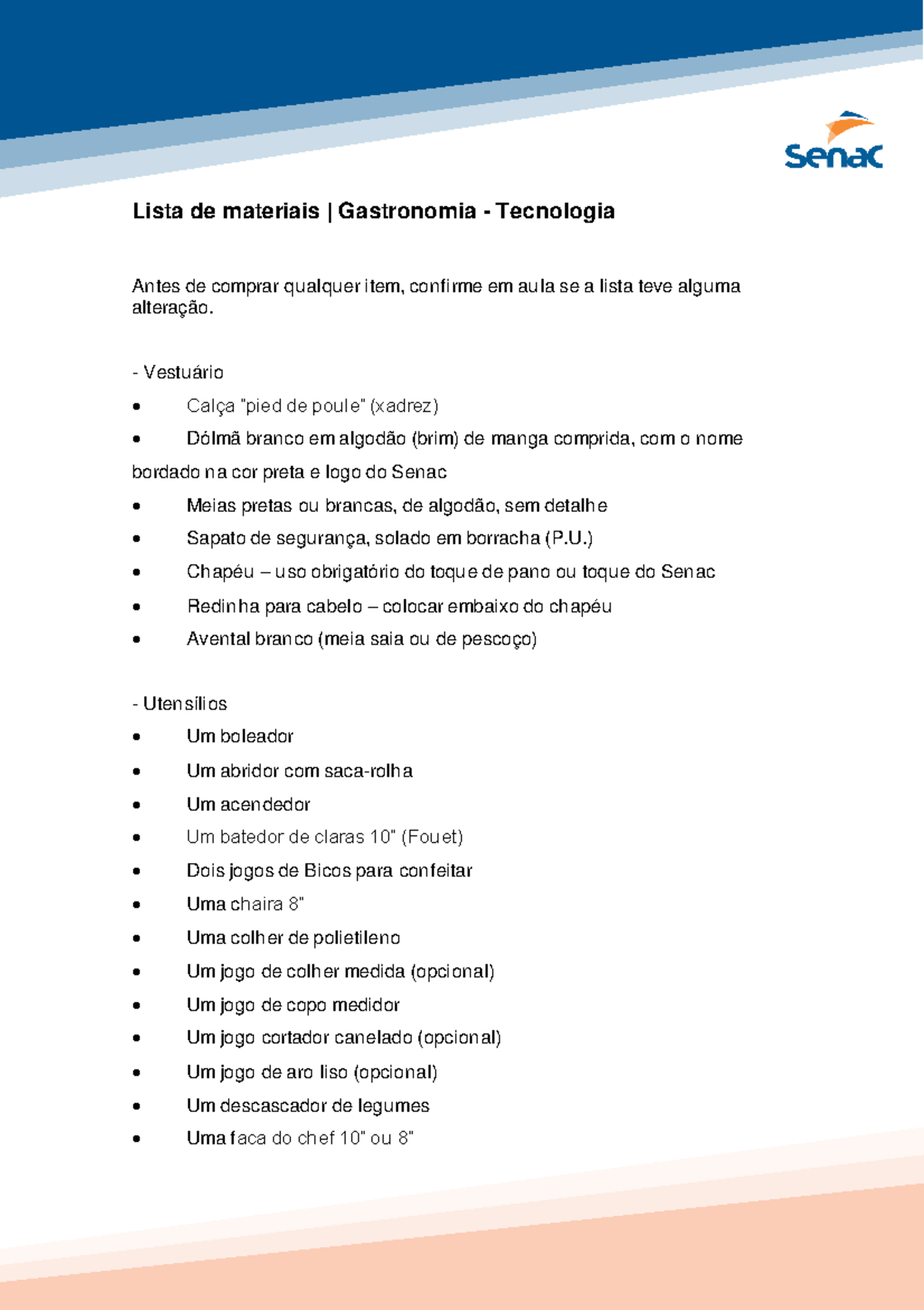 Lista materiais tec gastronomia ead - Lista de materiais | Gastronomia ...