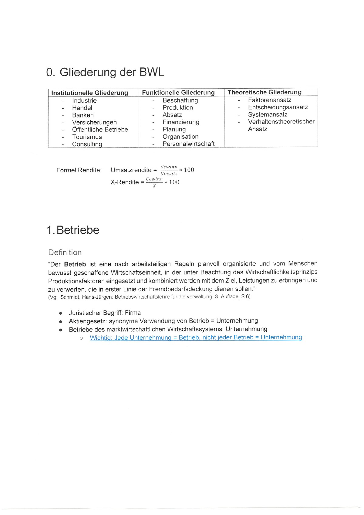 BWL-Zusammenfassung - Zusammenfassung Des Moduls - 0. Gliederung Der ...