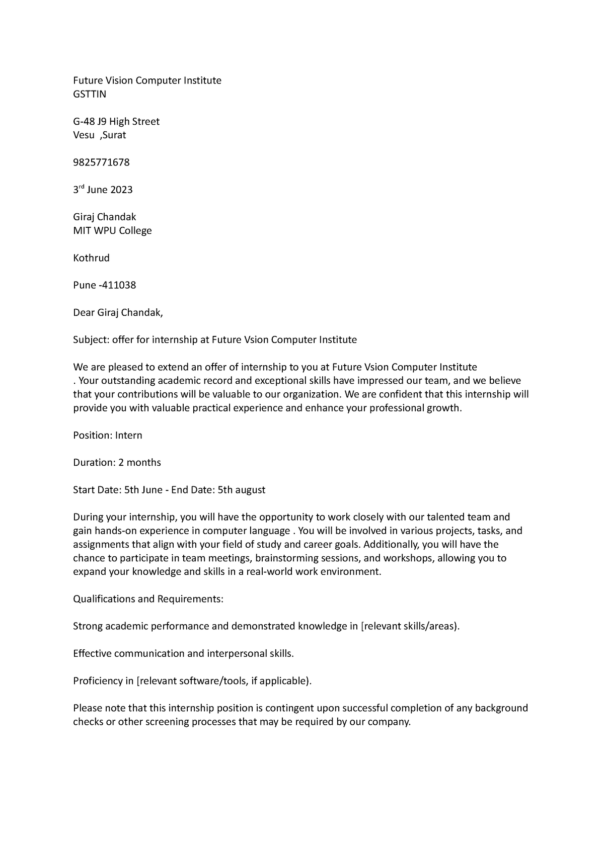 Offer Letter - bfsns - Future Vision Computer InstituteGSTTIN G-48 J9 ...