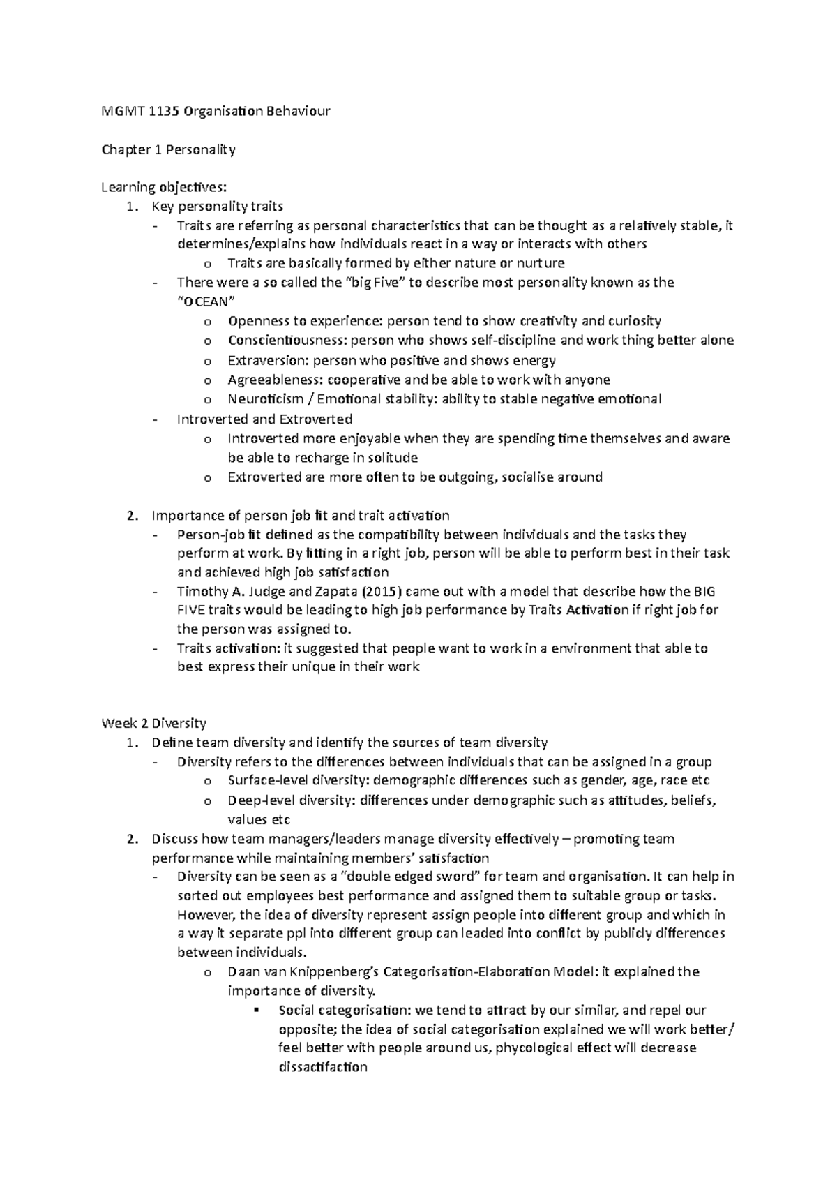 MGMT1135 lecture notes copy - MGMT 1135 Organisation Behaviour Chapter ...