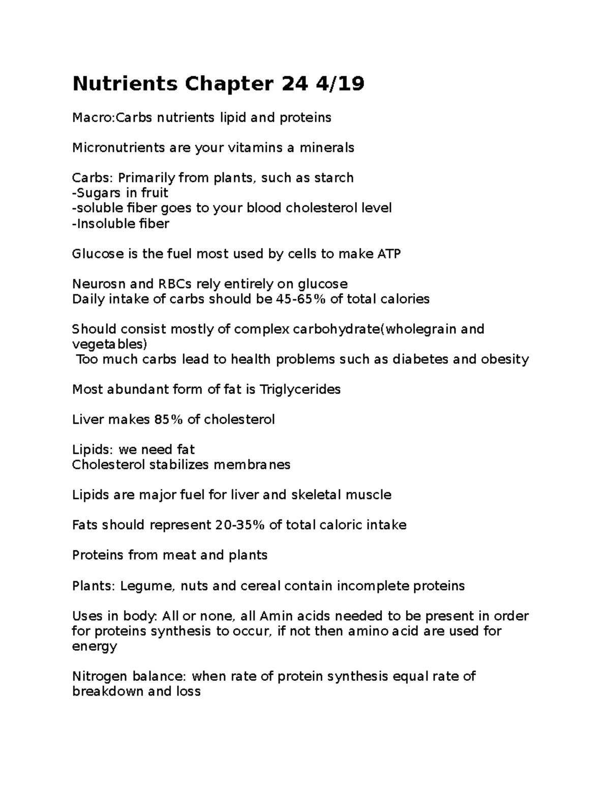 Anatomy And Physiology II 4-19 - Nutrients Chapter 24 4/ Macro:Carbs ...