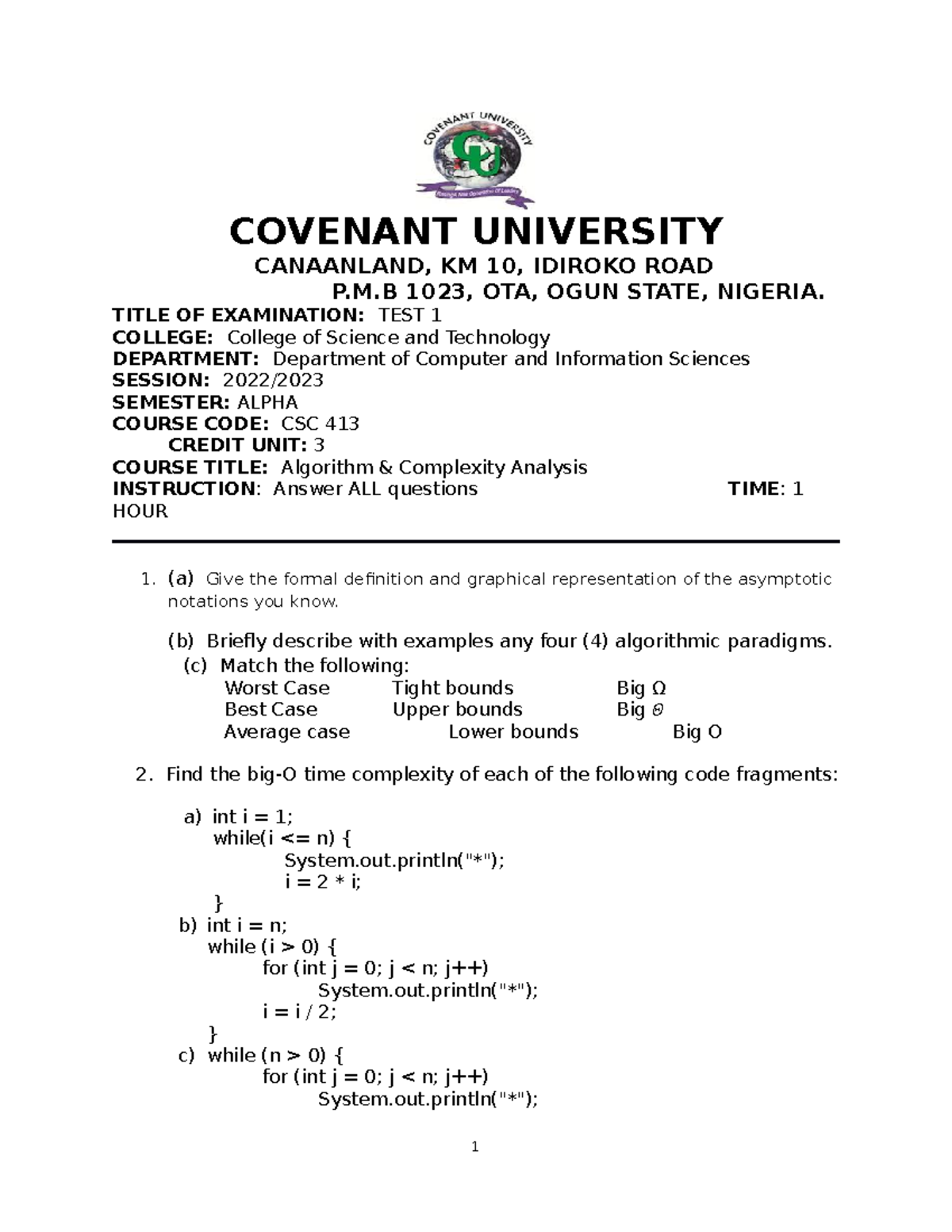 CSC413 Test1-2022 - ... - COVENANT UNIVERSITY CANAANLAND, KM 10 ...