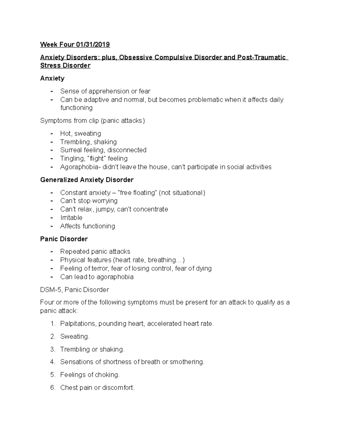 Week 4 - Lecture notes 4 - Week Four 01/31/2019 Anxiety Disorders: plus ...