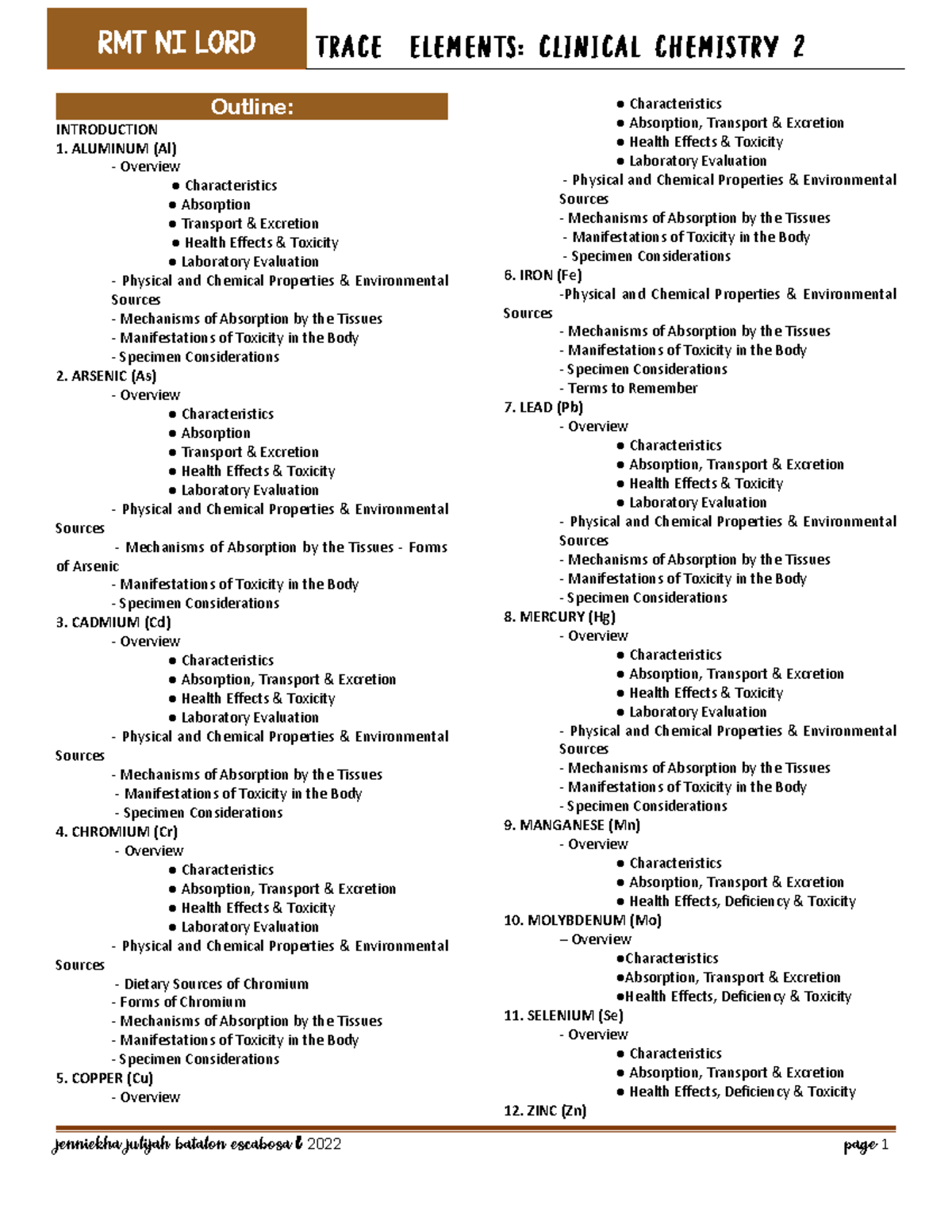 Trace Elements CLINICAL CHEMISTRY Outline **INTRODUCTION ALUMINUM